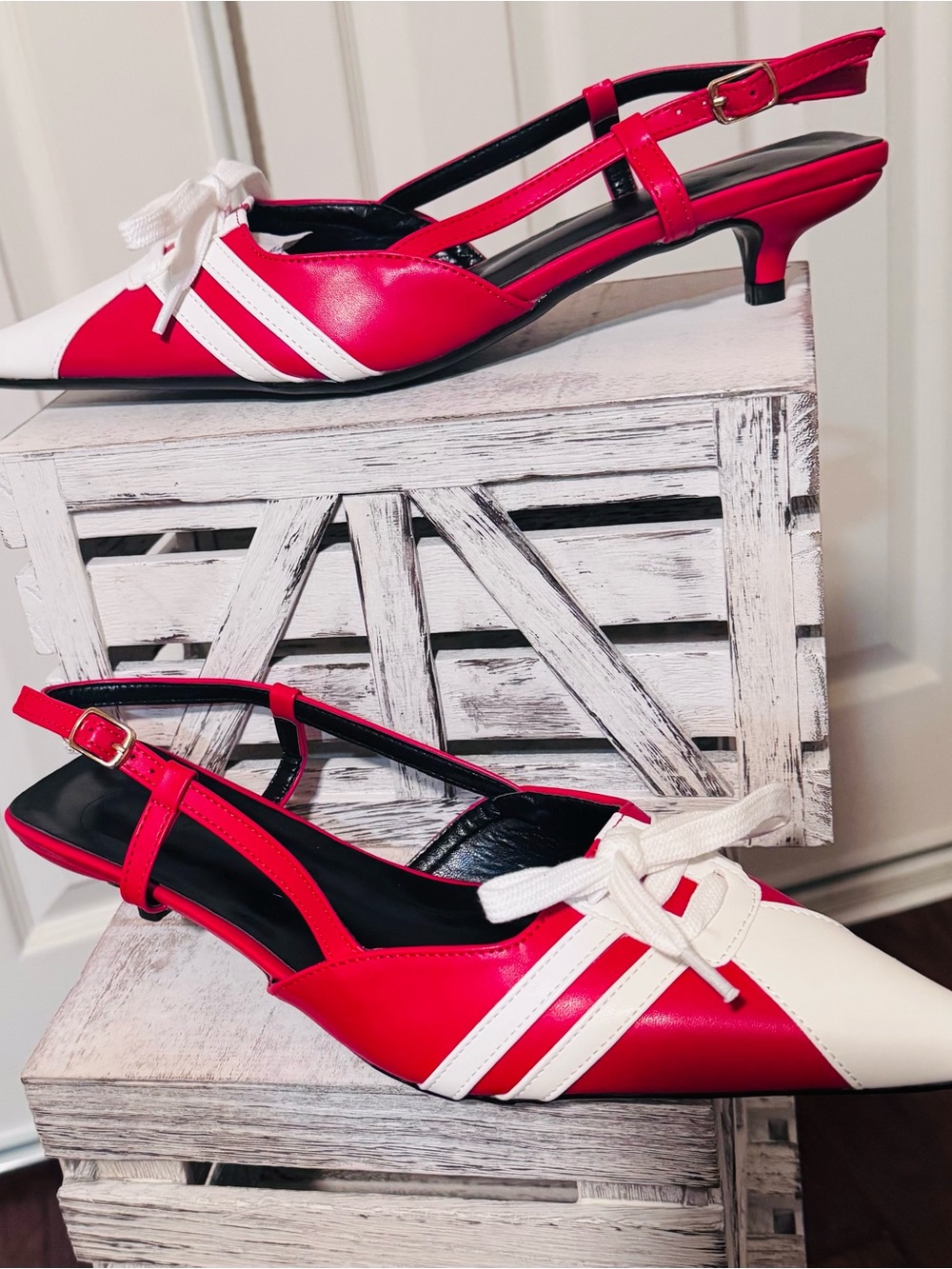 SHEIN Red and White Pointed Slingback Kitten Heel Pumps